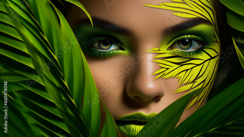 Model with natural make up and green leaf. Spa and wellness. Youth, teens and skin care concept. Close up, selective focus, copyspace. Generative AI.