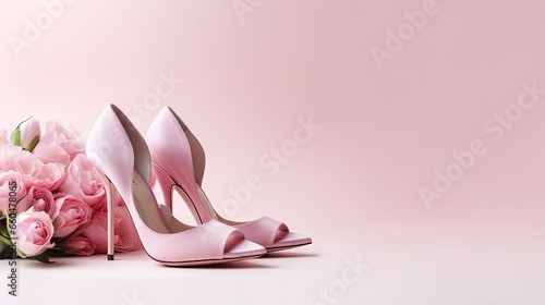 Pink high heel shoe tulip bouquet isolated with shadows on white symbol of female love Valentine s and Women s Day soft focus