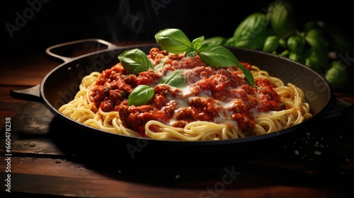 Traditional Italian spaghetti bolognese with rich sauce cooked on cast iron pan topped with Parmesan cheese and basil