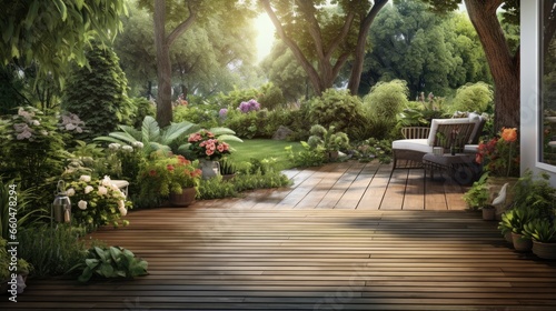 Wooden path to garden terrace with stylish furniture