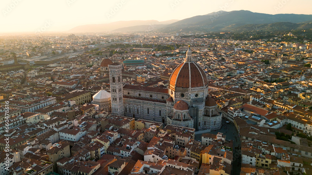 Aerial view of Florence Cathedral (Duomo di Firenze), Cathedral of Saint Mary of the Flower, sunset golden hour, Italy - obrazy, fototapety, plakaty 