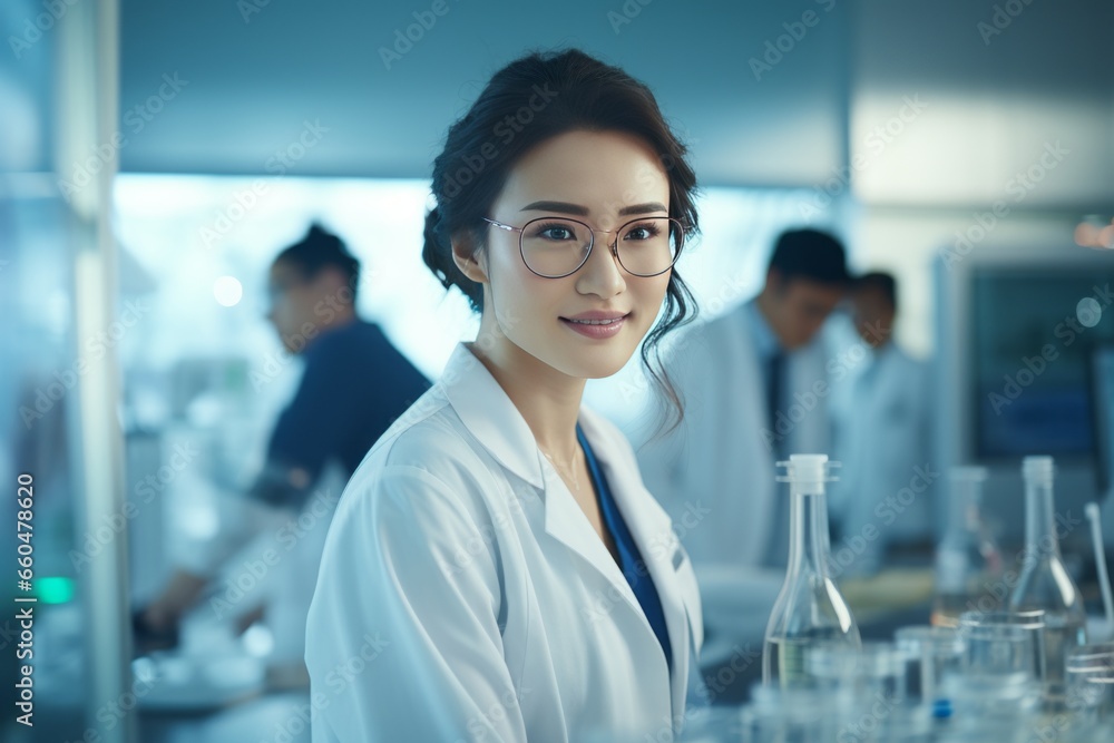 A beautiful Asian female scientist stands in a white coat and glasses in a modern medical science laboratory with a team of experts in the background. A beautiful Asian female scientist stands in a white coat and glasses in a modern medical science laboratory with a team of experts in the background.