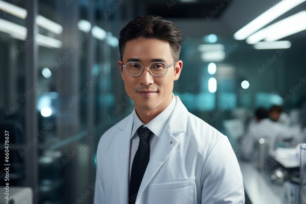A beautiful Asian male scientist stands in a white coat and glasses in a modern medical science laboratory with a team of experts in the background. A beautiful Asian male scientist stands in a white coat and glasses in a modern medical science laboratory with a team of experts in the background.