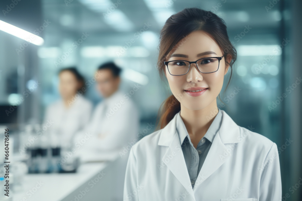 A beautiful Asian female scientist stands in a white coat and glasses in a modern medical science laboratory with a team of experts in the background. A beautiful Asian female scientist stands in a white coat and glasses in a modern medical science laboratory with a team of experts in the background.