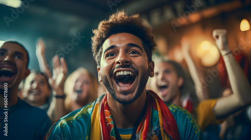 Football fans watching a football match in a bar. Happy Moroccan, Portuguese, Spanish funs. World cup Morocco, Spain, Portugal.