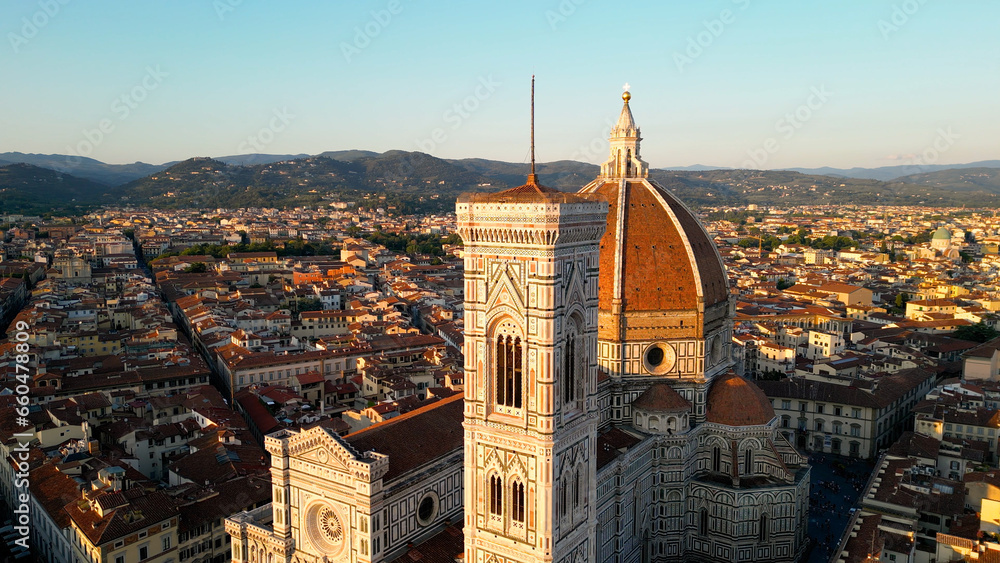 Aerial close view of the Florence Cathedral (Duomo di Firenze) at sunset, Italy