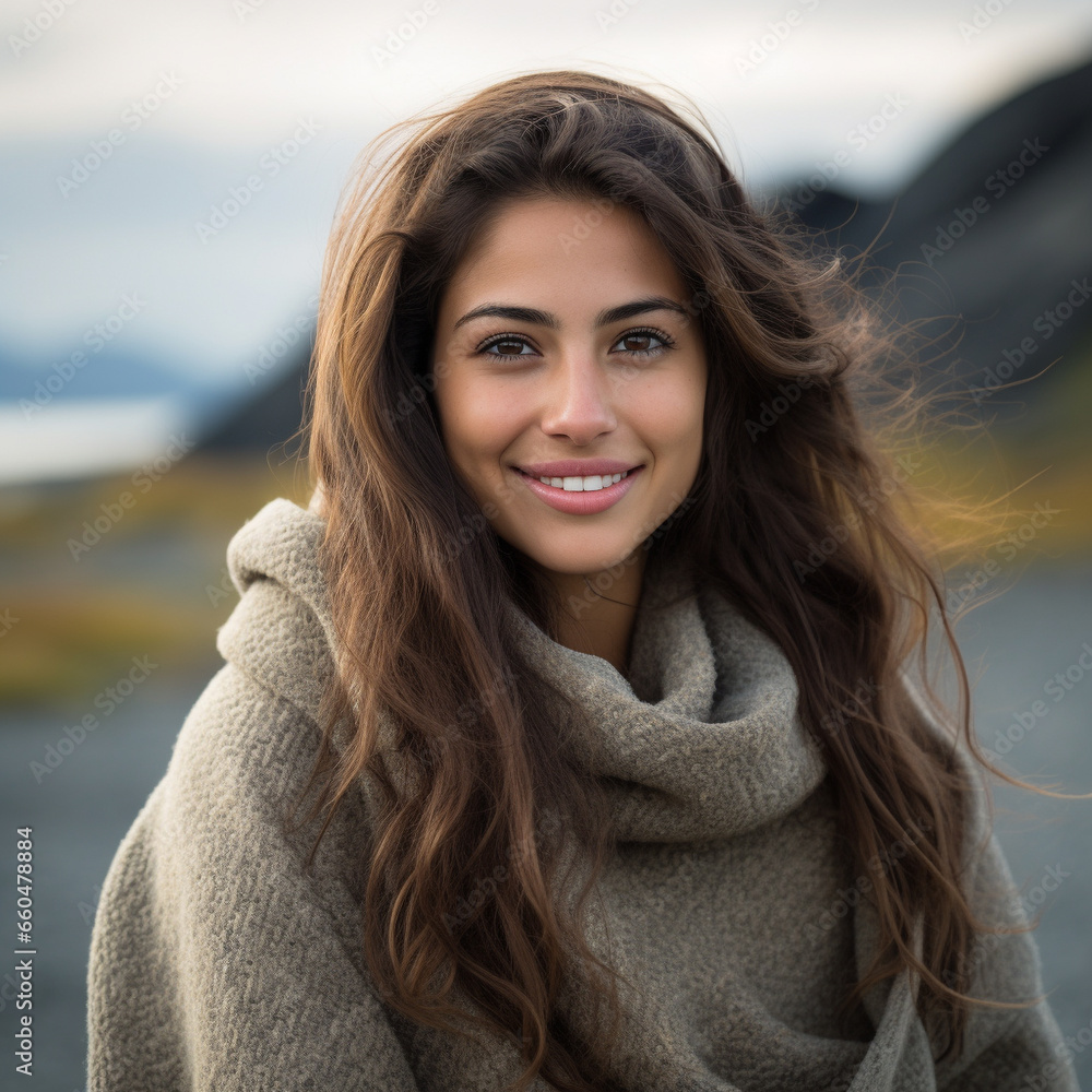 a middle-eastern woman in her 20's. friendly and shy smile
