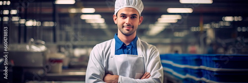 portrait of a worker in a food processing plant, ensuring quality and safety standards are met. photo