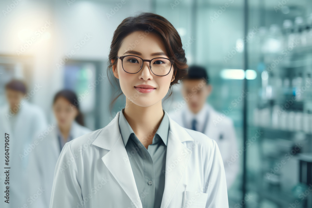 A beautiful Asian female scientist stands in a white coat and glasses in a modern medical science laboratory with a team of experts in the background. A beautiful Asian female scientist stands in a white coat and glasses in a modern medical science laboratory with a team of experts in the background.