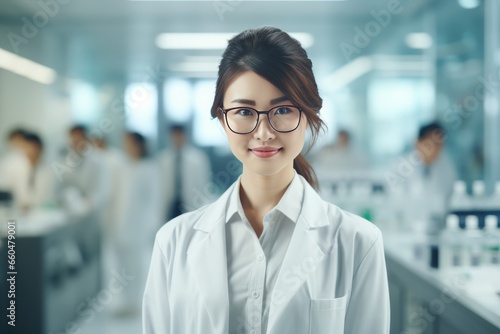 A beautiful Asian female scientist stands in a white coat and glasses in a modern medical science laboratory with a team of experts in the background.