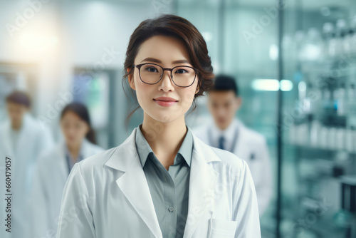 A beautiful Asian female scientist stands in a white coat and glasses in a modern medical science laboratory with a team of experts in the background. © ND STOCK