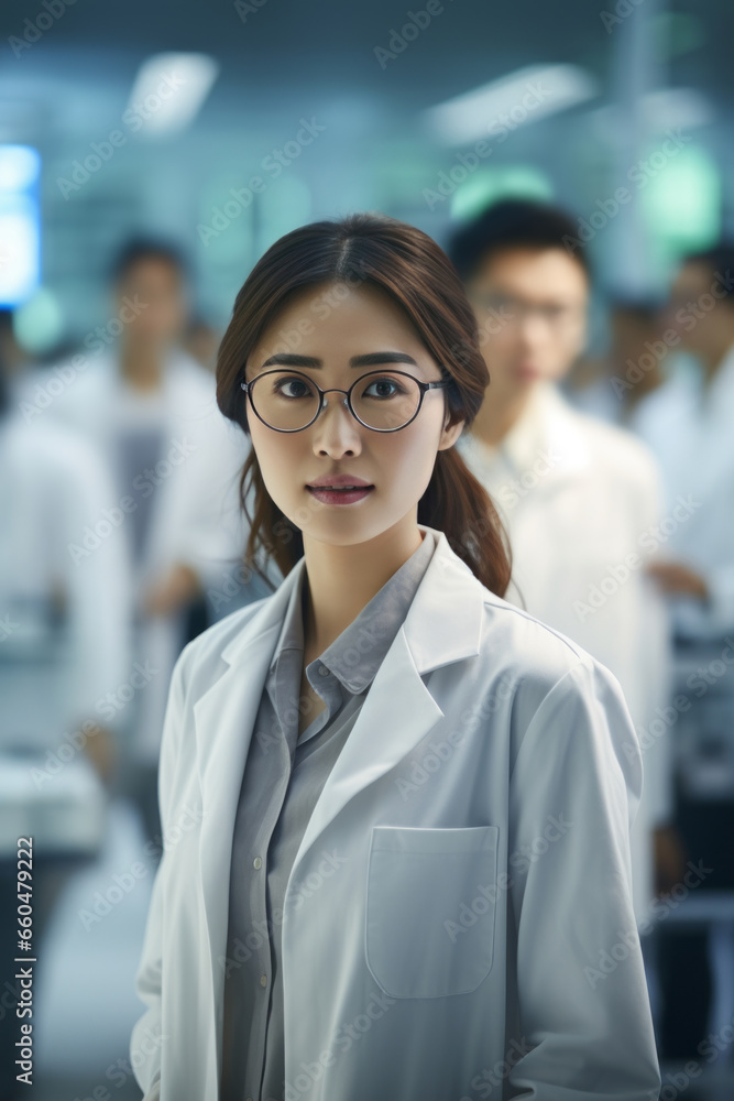 Obraz premium A beautiful Asian female scientist stands in a white coat and glasses in a modern medical science laboratory with a team of experts in the background.