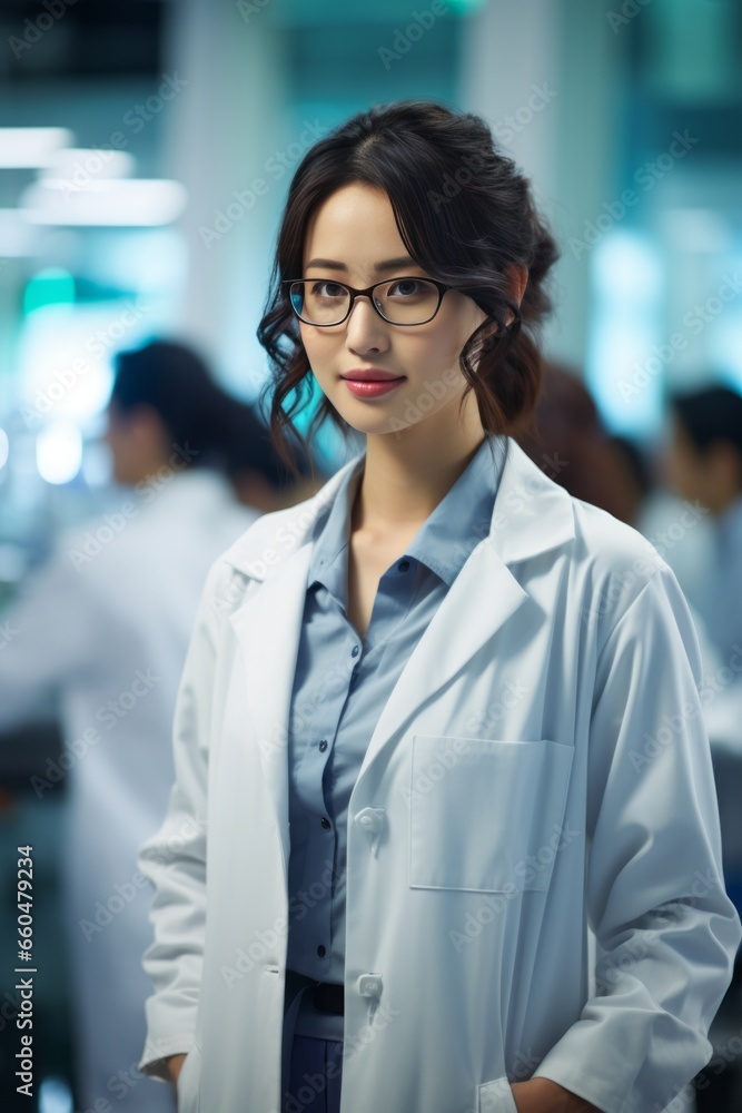 A beautiful Asian female scientist stands in a white coat and glasses in a modern medical science laboratory with a team of experts in the background. A beautiful Asian female scientist stands in a white coat and glasses in a modern medical science laboratory with a team of experts in the background.