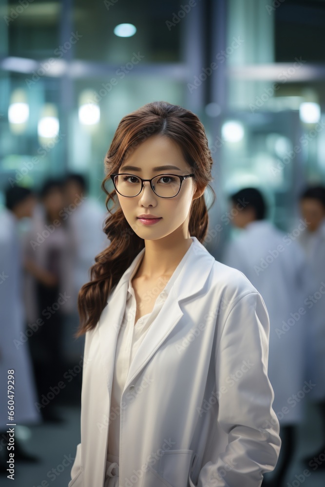 Obraz premium A beautiful Asian female scientist stands in a white coat and glasses in a modern medical science laboratory with a team of experts in the background.