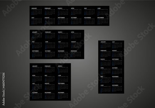 Dark full year calendar templates for the year 2024 (sunday first day) with blue accent