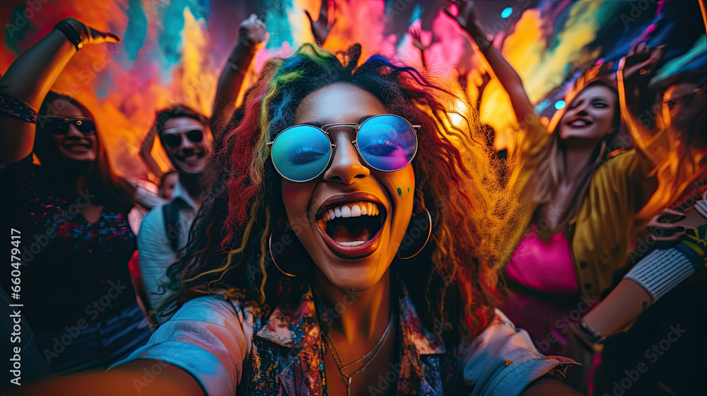 Photo of Influencer Snapping a Group Selfie at a Dynamic Party, Embracing Vivid Tones, Expressive Faces, and High Energy Photo of Influencer Snapping a Group Selfie at a Dynamic Party, Embracing Vivid Tones, Expressive Faces, and High Energy