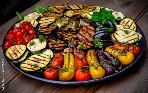 Various barbecue grilled vegetables laid out beautiful. AI, Generative AI