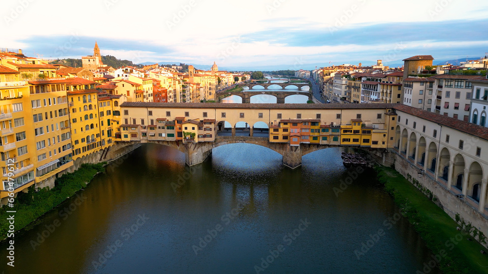 Florence, aerial view of Ponte Vecchio and Arno river, Italy