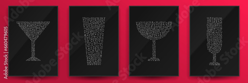 Set art cover poster, banner with cocktail glass various shape for alcohol or juice drink in minimalistic modern style. Template design for bar, restaurant, pub. Creative vector illustration.