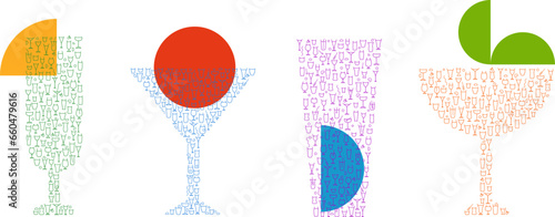 Cocktail glass different form for juice or alcohol drinks in minimal creative style. Set creative silhouettes from small elements. Art decoration for design banner, menu. Vector retro illustration.