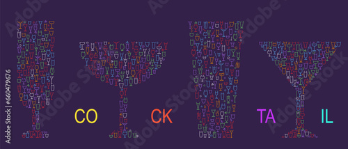 Cocktail glass different form for juice or alcohol drinks in minimal creative style. Set creative silhouettes from small elements. Art decoration for design banner, menu. Vector retro illustration.
