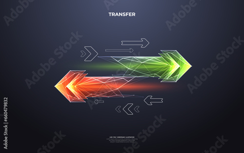Abstract digital two left-right arrows with green and red color shapes in futuristic low poly style with doodle elements on a technology dark background. Data receive concept. Vector illustration.
