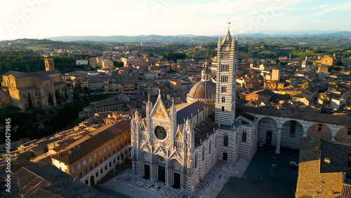 Aerial view of Duomo di Siena, Cathedral at sunset, Tuscany, Italy