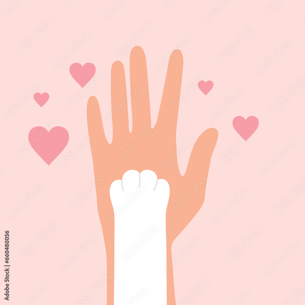 Cat paw on human hand. Man holding cat paw. With love to your pet, adopt a pet, pet donate and veterinarian care concept. Vector illustration Cat paw on human hand. Man holding cat paw. With love to your pet, adopt a pet, pet donate and veterinarian care concept. Vector illustration