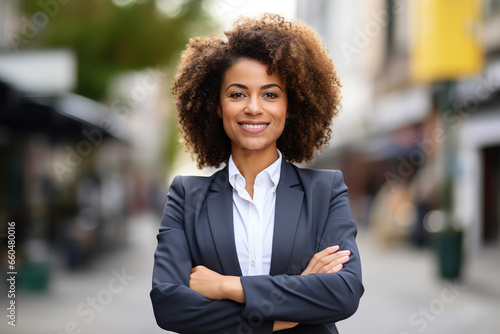 young happy pretty smiling professional business woman, happy confident positive female entrepreneur standing outdoor on street arms crossed, looking at camera,