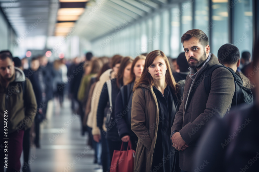 Crowded airport terminal with waiting passengers. Crowded airport terminal with waiting passengers.