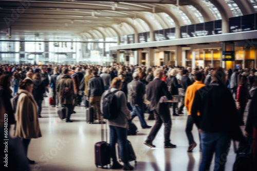 A blurry crowd of people in a busy airport terminal.