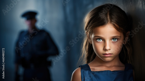 Young girl's intense gaze with blurred officer behind. photo