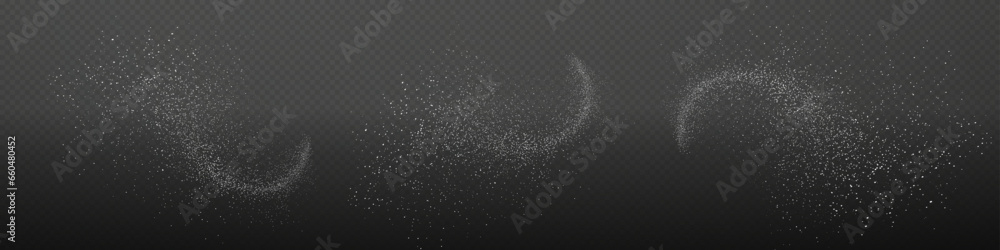 Obraz premium Design element for kitchen, bakery, advertising, video. Powder sugar explosion or splash png, falling flour, salt powder falling gently. Top view 3d effect 