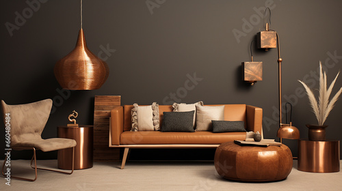  Casa minimalista em tons terrosos, cobre e dourado