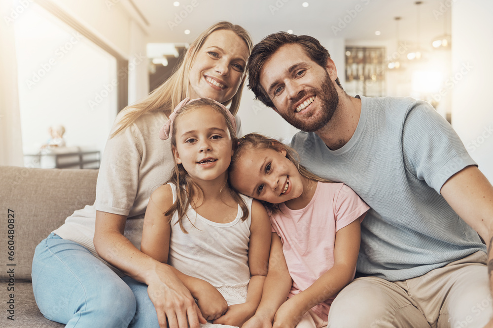 Home, portrait and mother with father, kids and happiness with support, bonding together and cheerful. Face, family and children with parents, care and love with a smile, cheerful and joy in a lounge