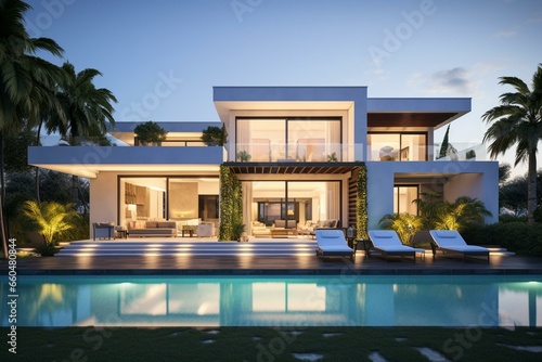 Exterior view of a spacious and modern Mediterranean-style villa with pool and garden furniture. Generative AI