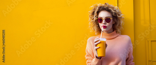 Fashion pretty woman with summer fruit drink and straw on a bright background, artistic, abstract feel.