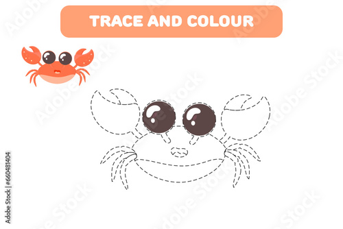 handwriting practice colouring book with cute sea character crab