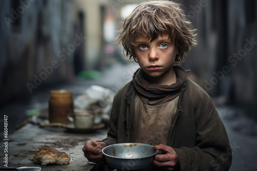 Hungry, starving, poor little child looking at the camera. photo