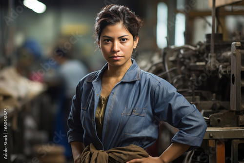 hispanic female factory worker posing looking at the camera