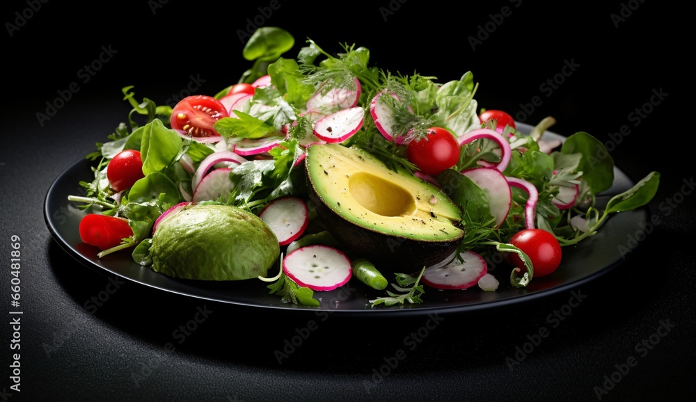 green salad with avocado and avocado mixed vegetables radishes greens