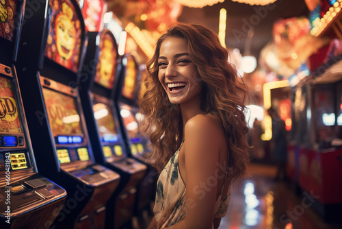 Happy young woman smiling near slot machines in a casino
