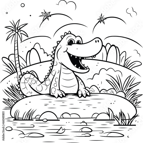 Fototapeta Naklejka Na Ścianę i Meble -  Cute crocodile in the park. Vector illustration for coloring book