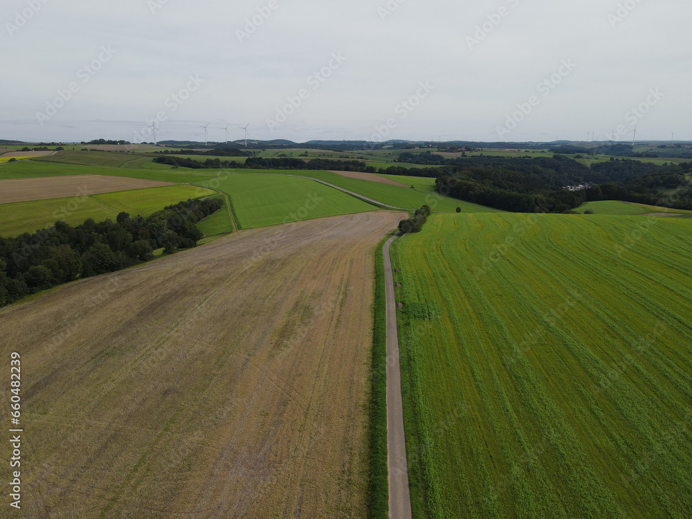 Aerial view of a countryroad between mowed and harvested fields in the countryside in late summer 