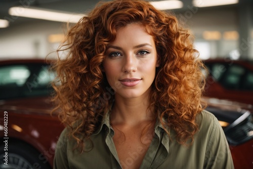 Portrait of handsome attractive curly redhead american dealer woman at dealership. Generative Ai. © kapros76