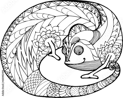 tropical funny chameleon made up of patterns and lines, coloring book for adults and children, black and white vector,