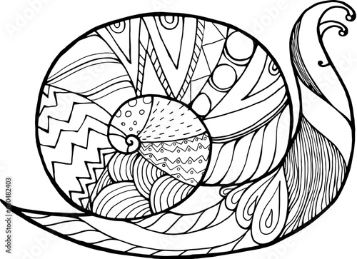 funny cute snail consisting of patterns and lines, coloring book for adults and children, black and white vector,