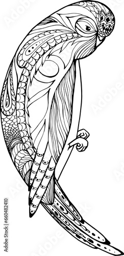 budgerigar sitting pose, parrot, bird consisting of patterns and lines, coloring book for adults and children, black and white vector,