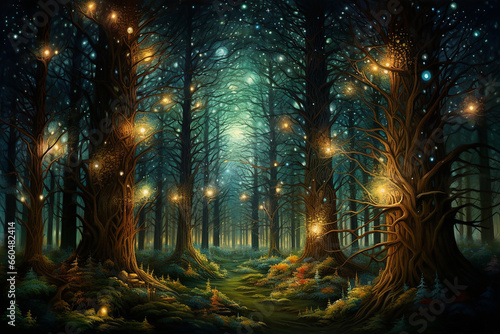 Christmas trees and a magical forest with glowing lights © Nayan