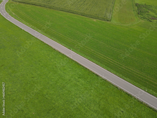 Drone view of a road between grass fields in the landscape 
